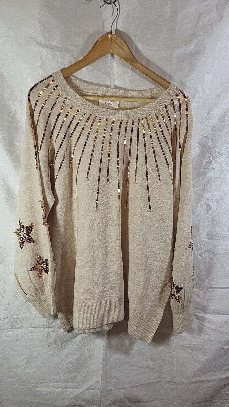 Fantastic Fawn Oatmeal Sequin Sunburst and Star Embellished Pullover Sweater M